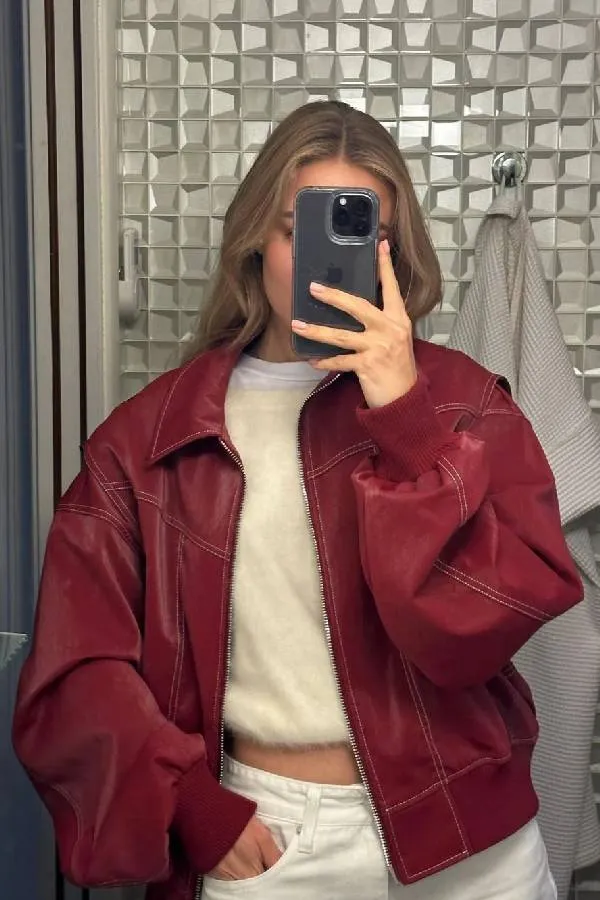 Oversized Contrast Stitch Jacket Red