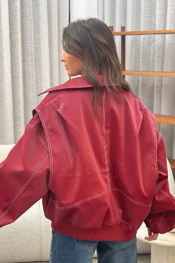 Oversized Contrast Stitch Jacket Red