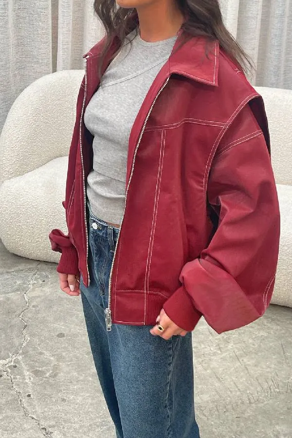 Oversized Contrast Stitch Jacket Red