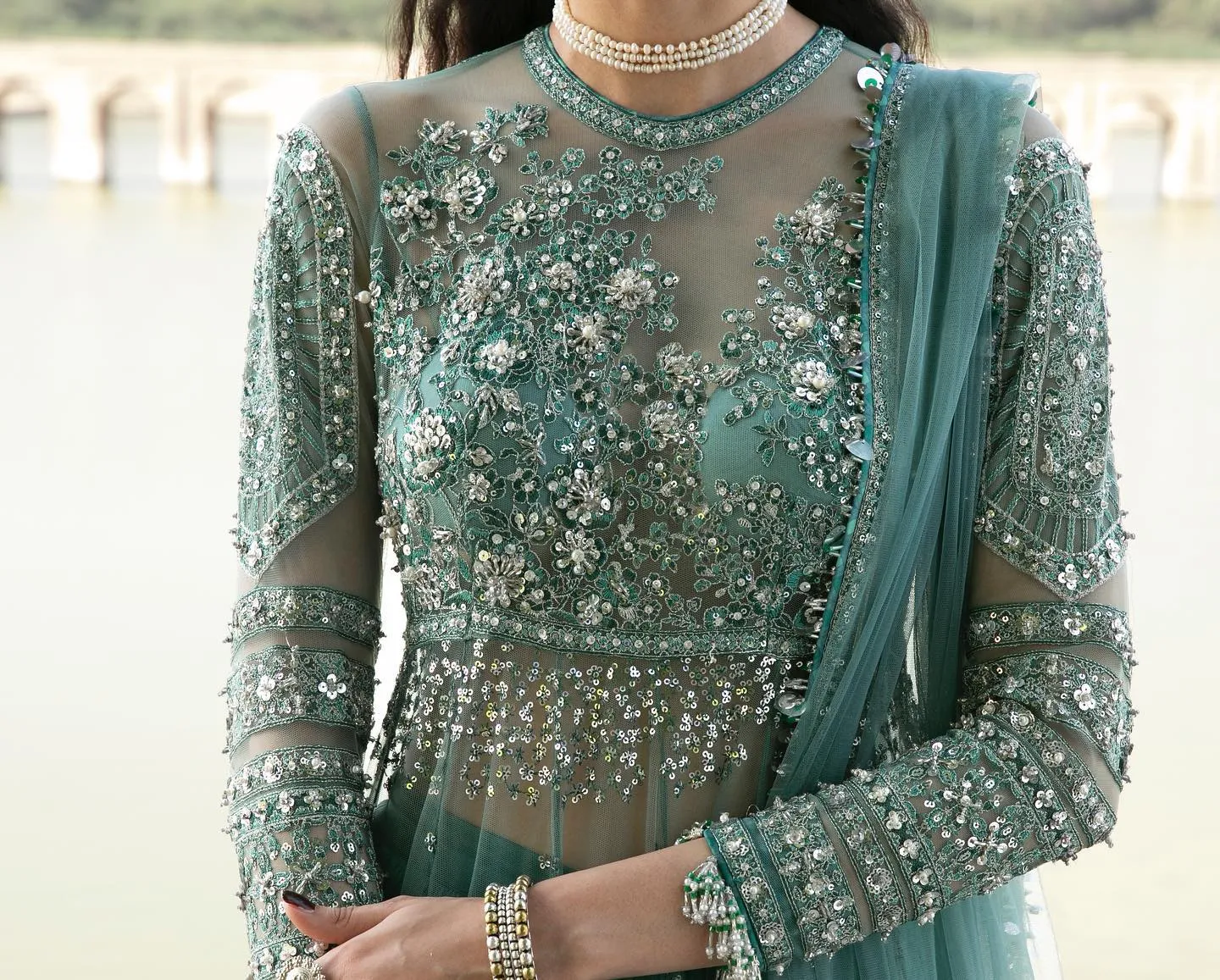 Pakistani Wedding Dress in Embroidered Pishwas Style