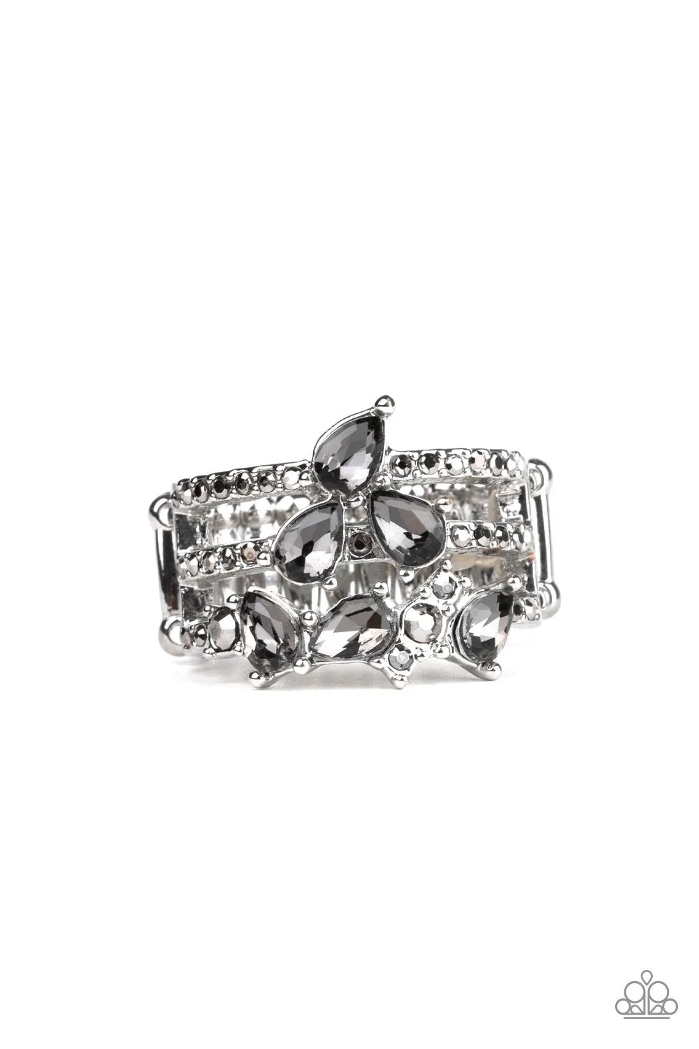 Paparazzi "Blink Back Tiers" Silver Smoky Gray Rhinestone & Hematite Faceted Bling Ring
