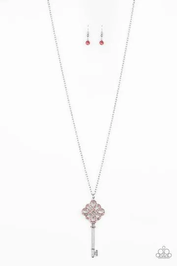 Paparazzi - Unlocked Pink Rhinestone Key Necklace