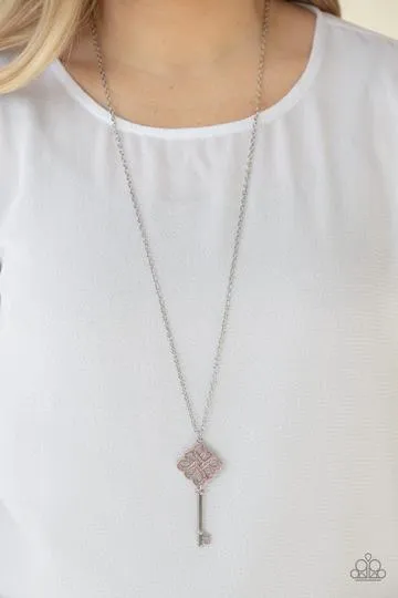 Paparazzi - Unlocked Pink Rhinestone Key Necklace