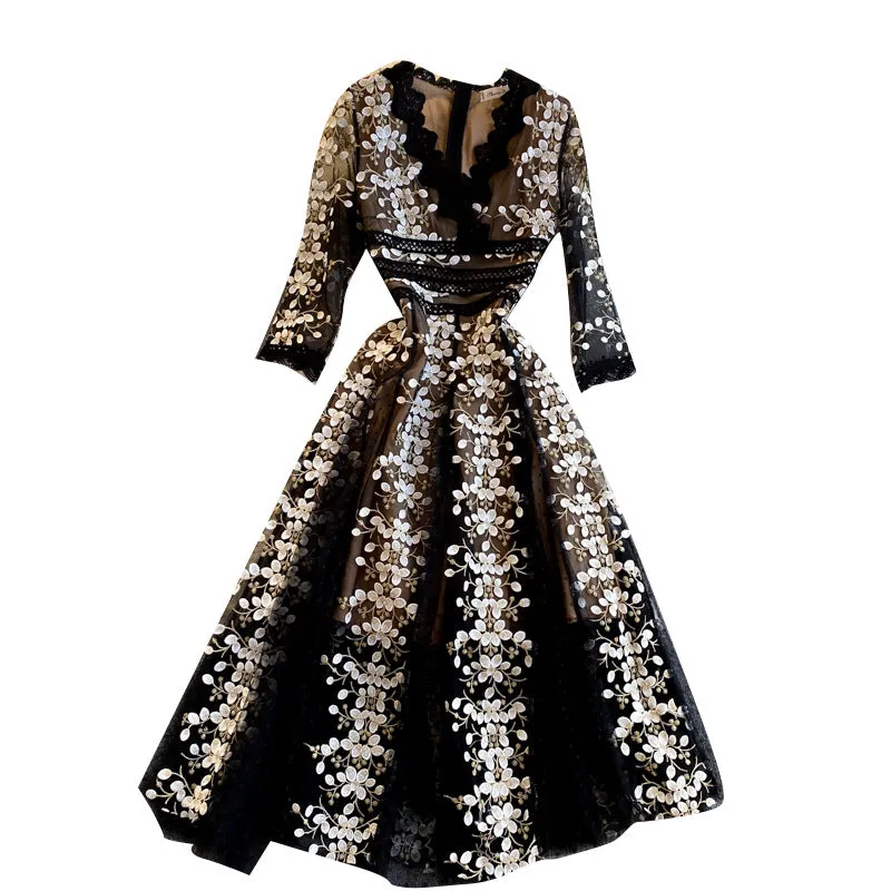 Party Banquet Skirt2022New Lady Socialite Temperament Exquisite Embroidered Flowers Half Sleeve High-End Dress Women