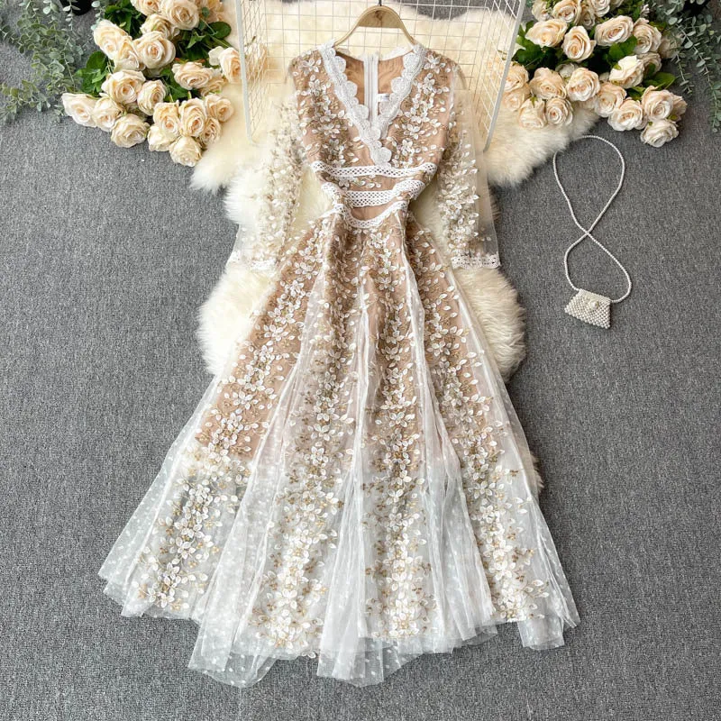 Party Banquet Skirt2022New Lady Socialite Temperament Exquisite Embroidered Flowers Half Sleeve High-End Dress Women