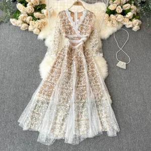 Party Banquet Skirt2022New Lady Socialite Temperament Exquisite Embroidered Flowers Half Sleeve High-End Dress Women