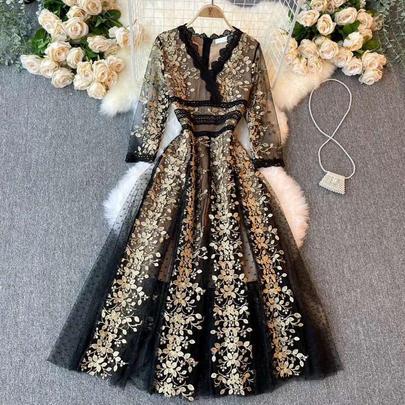 Party Banquet Skirt2022New Lady Socialite Temperament Exquisite Embroidered Flowers Half Sleeve High-End Dress Women