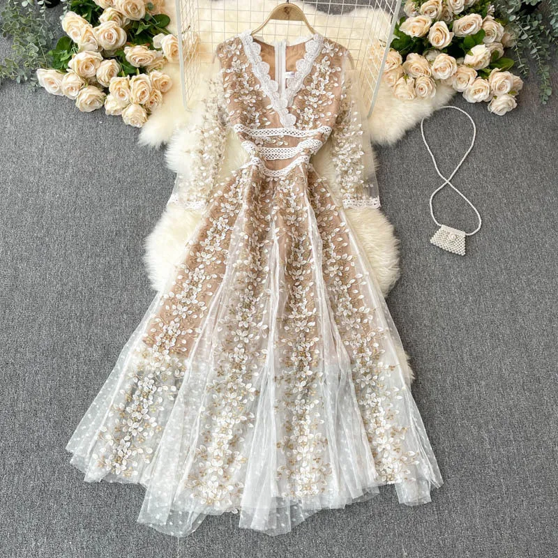 Party Banquet Skirt2022New Lady Socialite Temperament Exquisite Embroidered Flowers Half Sleeve High-End Dress Women