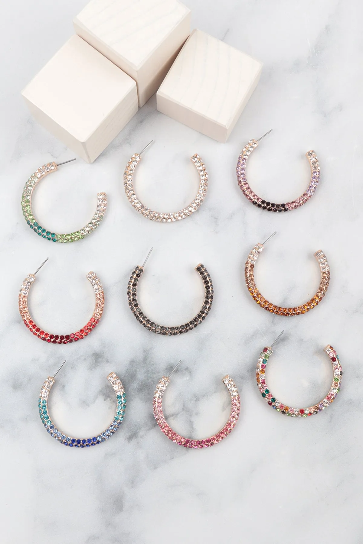 PAVE RHINESTONE GLITTER C SHAPE HOOP EARRINGS