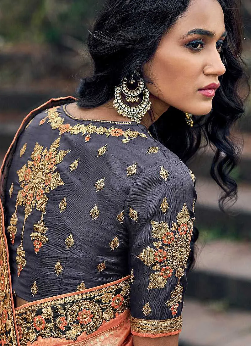 Peach and Grey Embroidered Bollywood Style Saree