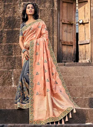 Peach and Grey Embroidered Bollywood Style Saree