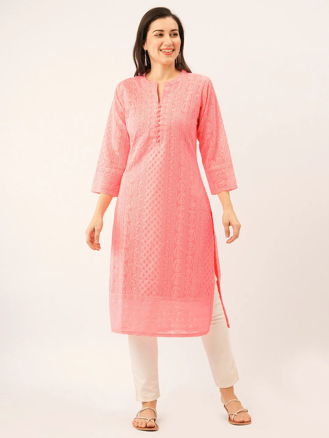 Peach Chikankari Kurta - Paisley Embroidered Georgette Lucknowi Kurta For Women