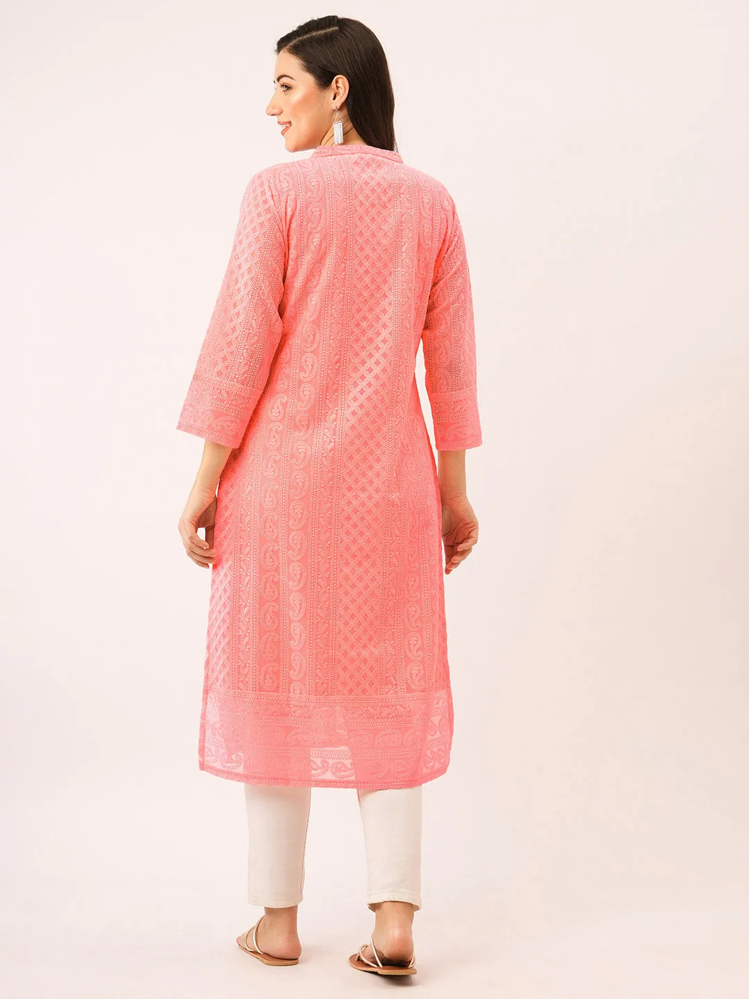 Peach Chikankari Kurta - Paisley Embroidered Georgette Lucknowi Kurta For Women