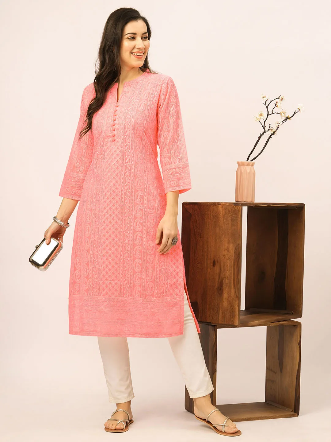 Peach Chikankari Kurta - Paisley Embroidered Georgette Lucknowi Kurta For Women
