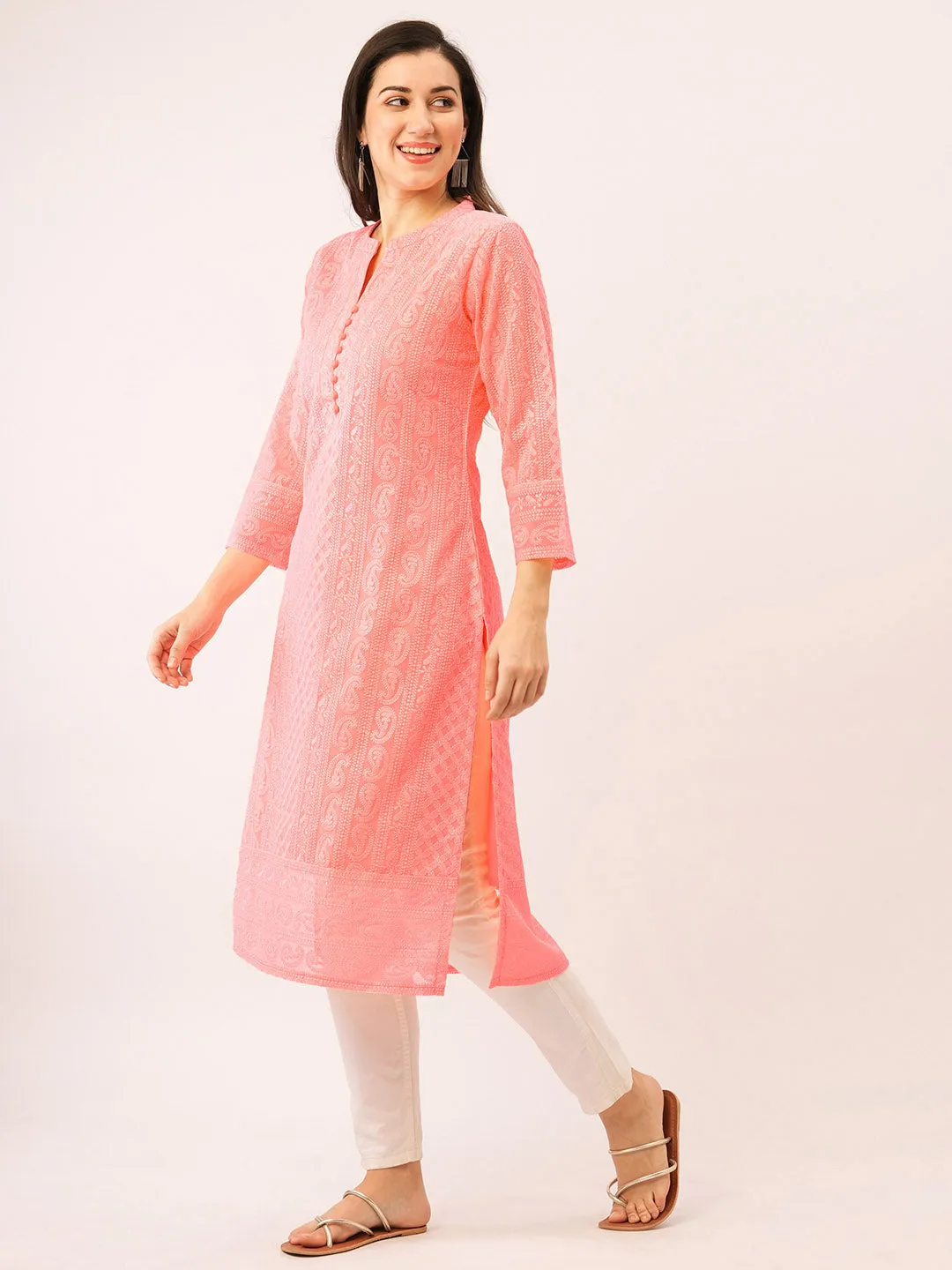 Peach Chikankari Kurta - Paisley Embroidered Georgette Lucknowi Kurta For Women