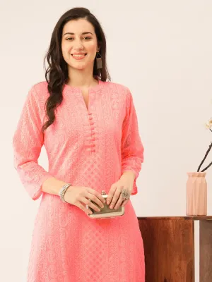 Peach Chikankari Kurta - Paisley Embroidered Georgette Lucknowi Kurta For Women