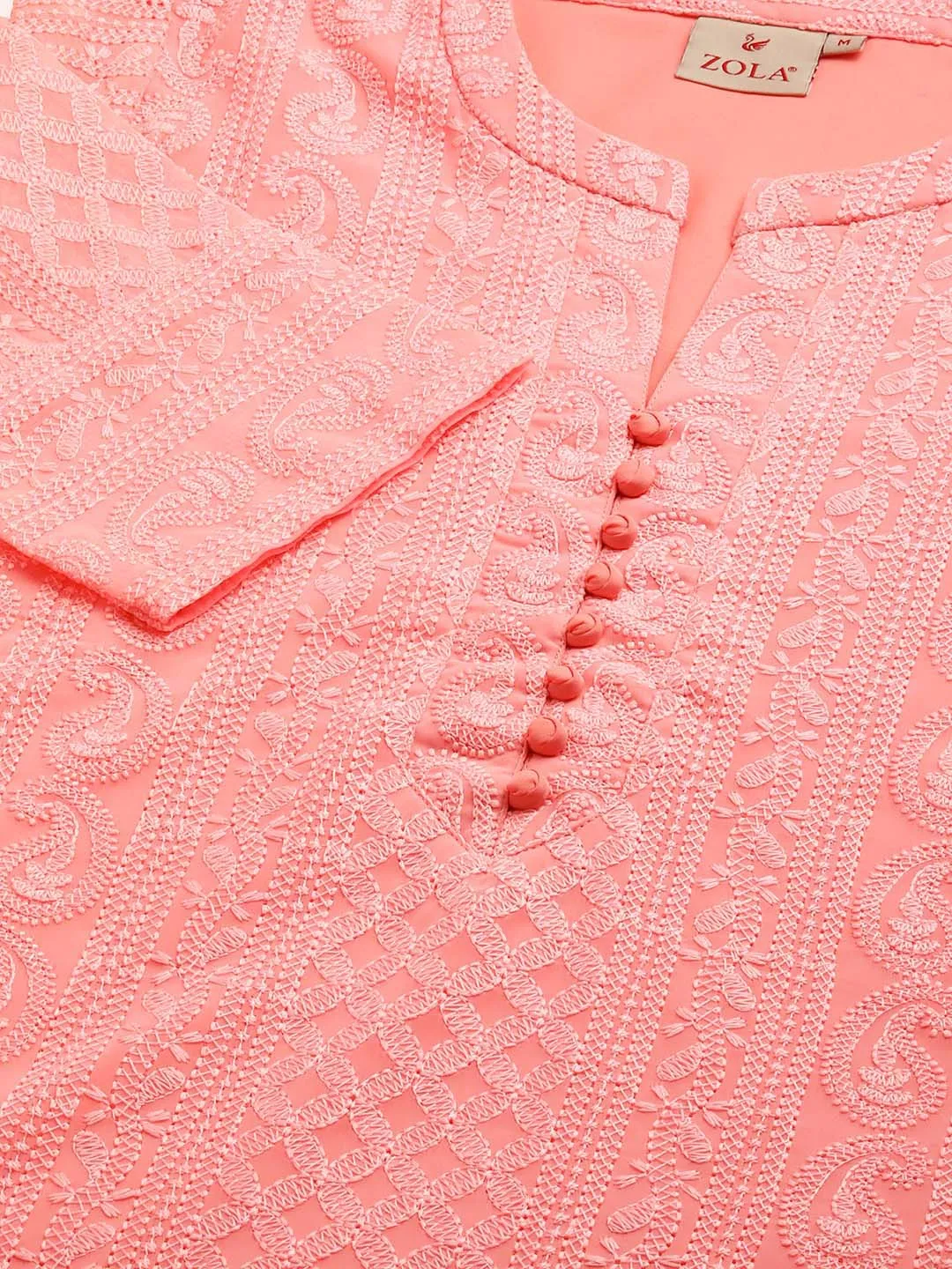 Peach Chikankari Kurta - Paisley Embroidered Georgette Lucknowi Kurta For Women