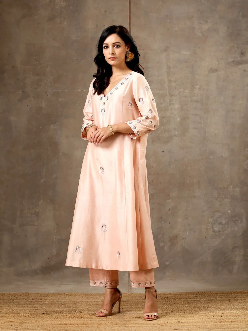 Peach Color Hand Embroidered Chanderi Silk Kurta Set