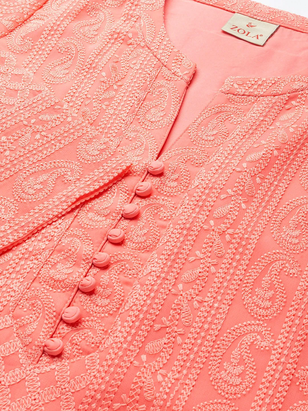 Peach Paisley Embroidered Georgette Lucknowi Chikankari Kurta For Women - ZOLA