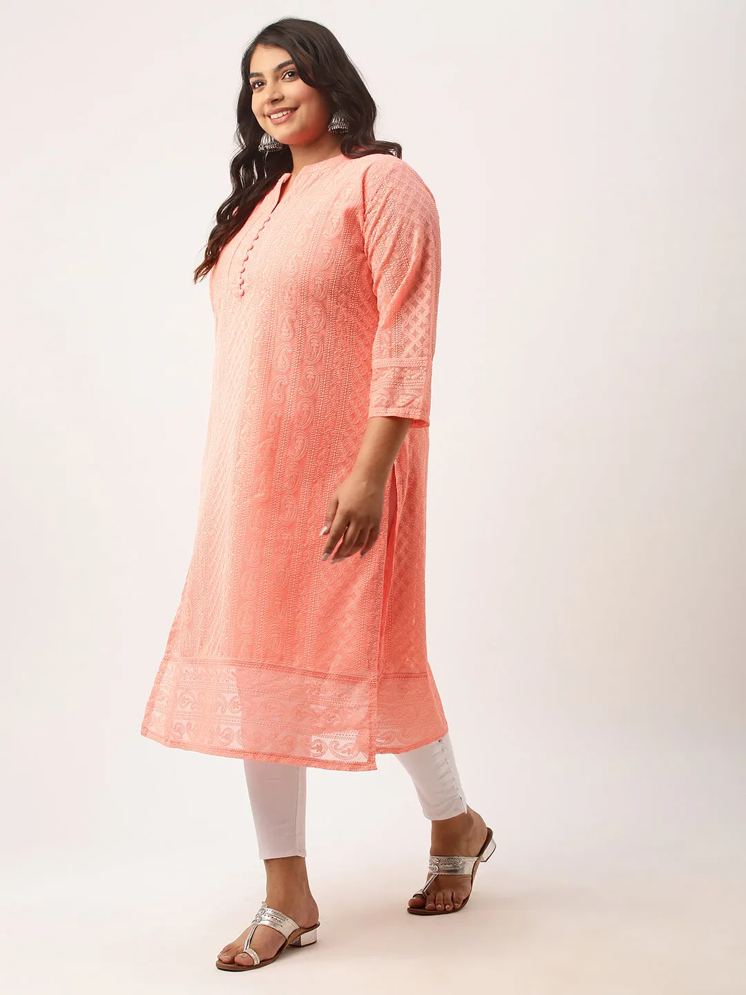 Peach Paisley Embroidered Georgette Lucknowi Chikankari Kurta For Women - ZOLA