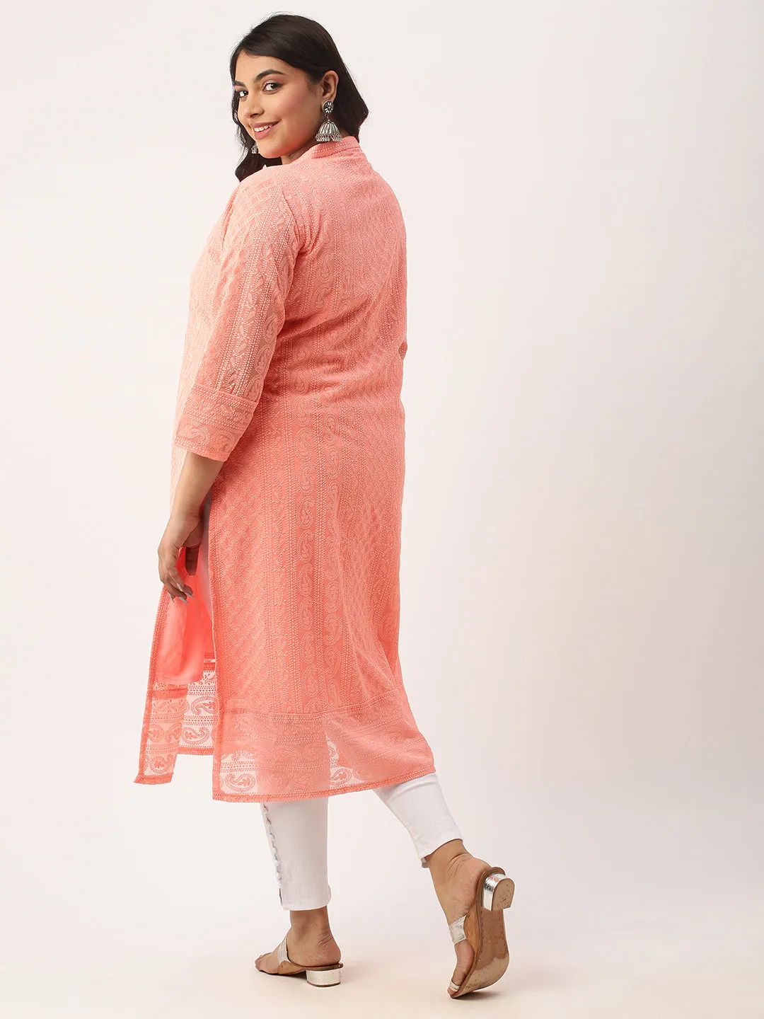 Peach Paisley Embroidered Georgette Lucknowi Chikankari Kurta For Women - ZOLA
