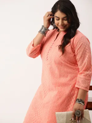 Peach Paisley Embroidered Georgette Lucknowi Chikankari Kurta For Women - ZOLA