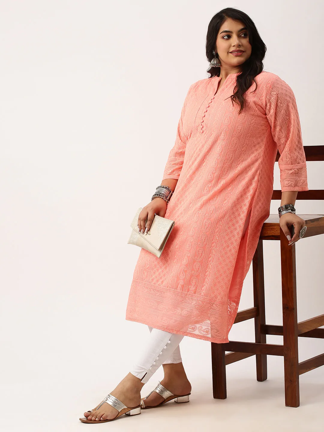 Peach Paisley Embroidered Georgette Lucknowi Chikankari Kurta For Women - ZOLA