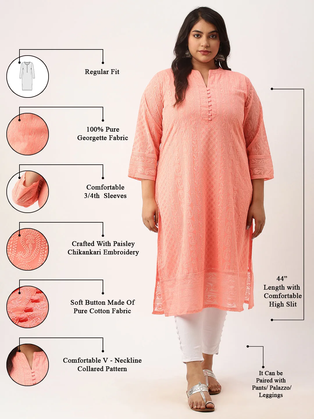Peach Paisley Embroidered Georgette Lucknowi Chikankari Kurta For Women - ZOLA