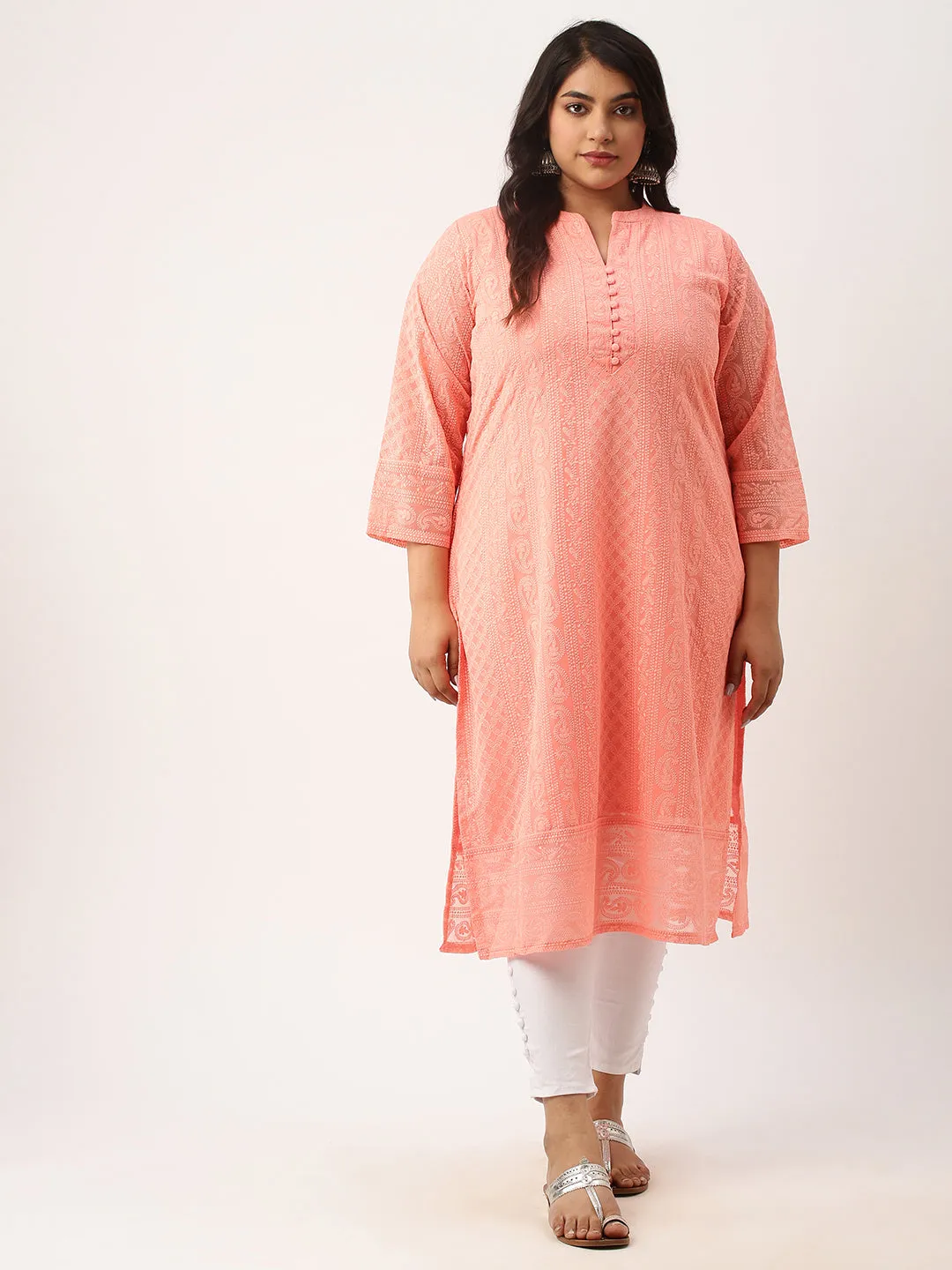 Peach Paisley Embroidered Georgette Lucknowi Chikankari Kurta For Women - ZOLA