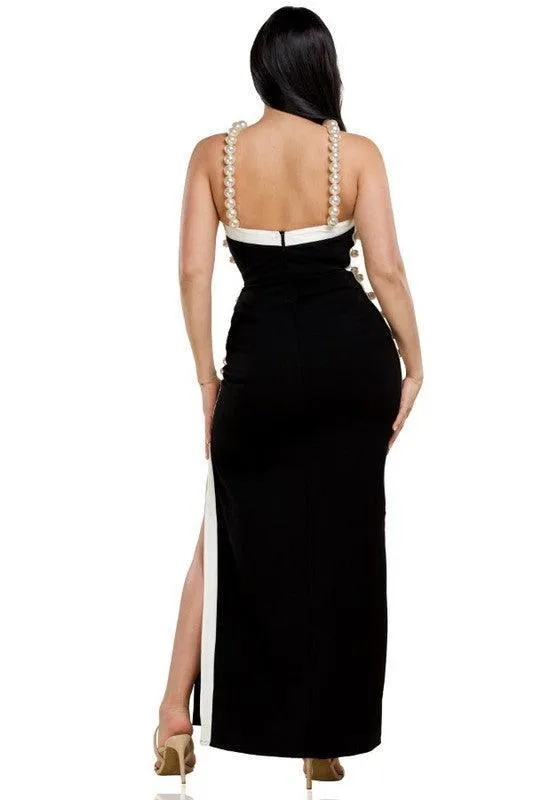 Pearl Beaded Black Maxi Dress