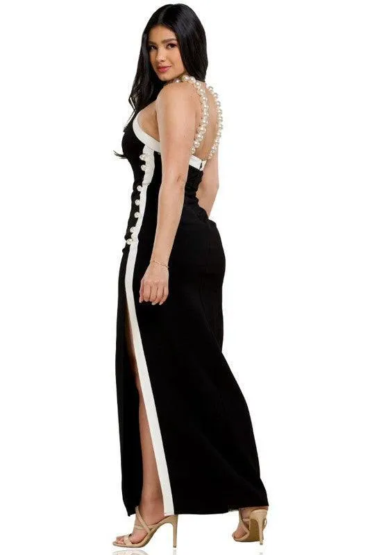 Pearl Beaded Black Maxi Dress