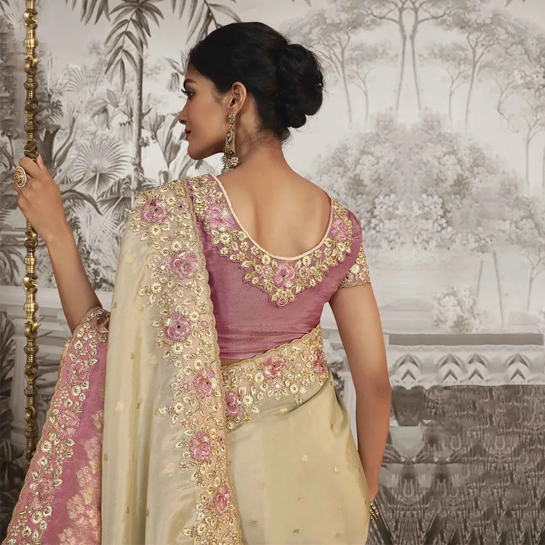 Pink and Cream Dream Zardozi Embroidered Saree