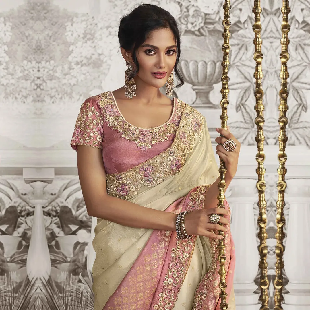 Pink and Cream Dream Zardozi Embroidered Saree