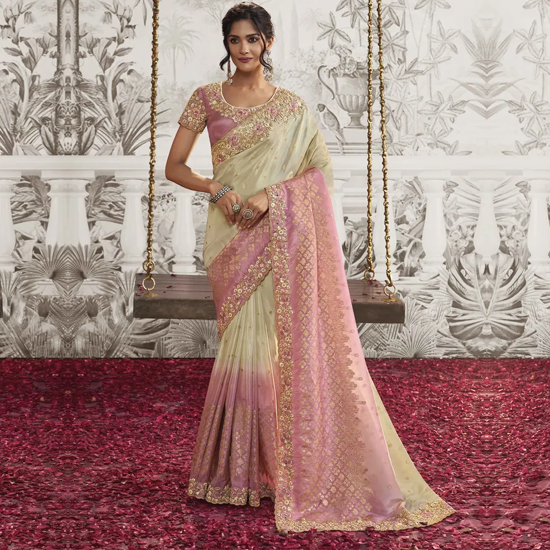 Pink and Cream Dream Zardozi Embroidered Saree