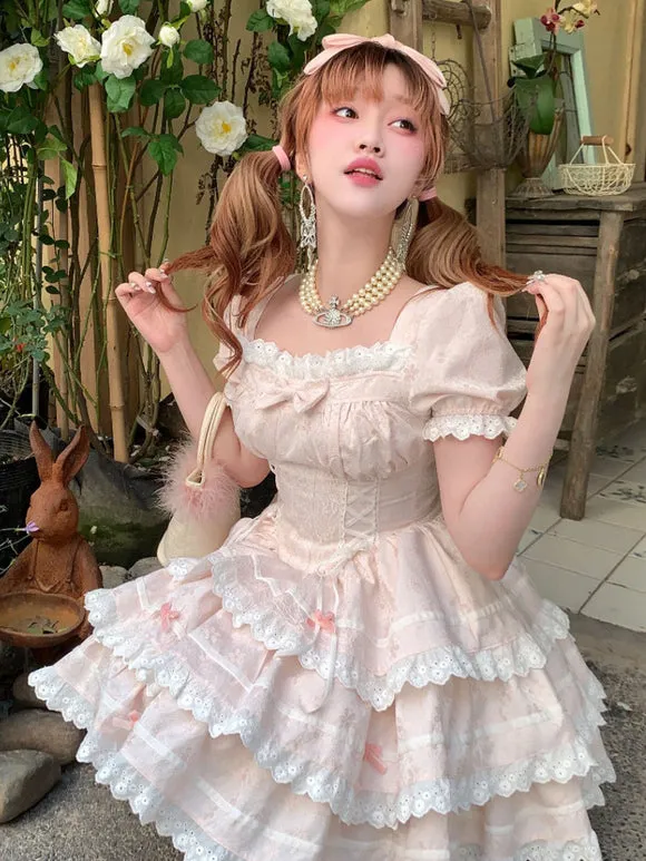 Pink and White Floral Print Sweet Lolita Dress with Layered Skirt and Lace
