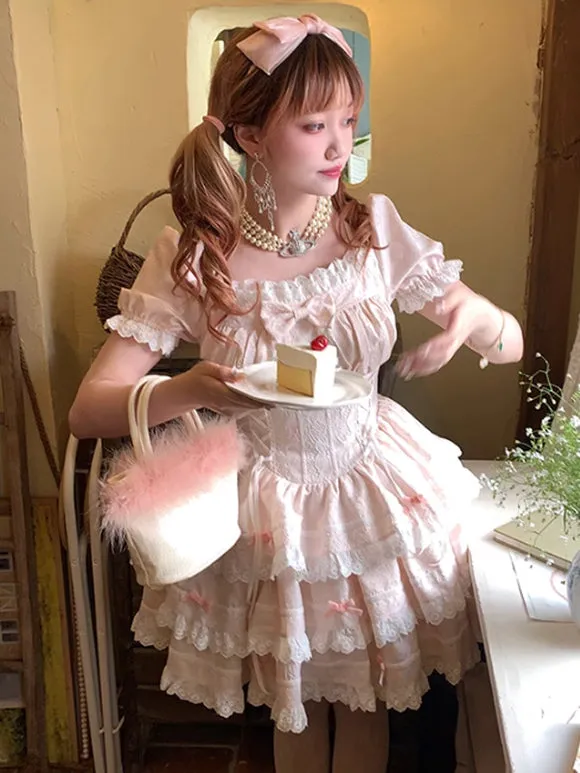 Pink and White Floral Print Sweet Lolita Dress with Layered Skirt and Lace