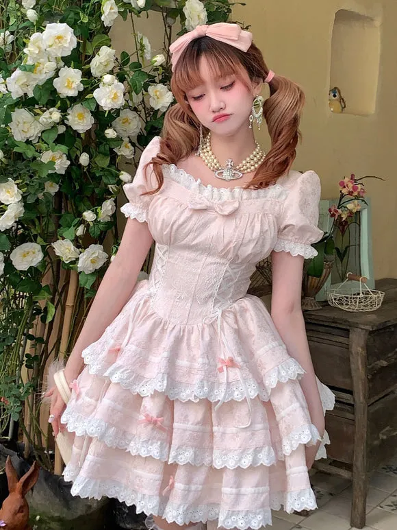 Pink and White Floral Print Sweet Lolita Dress with Layered Skirt and Lace