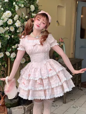 Pink and White Floral Print Sweet Lolita Dress with Layered Skirt and Lace