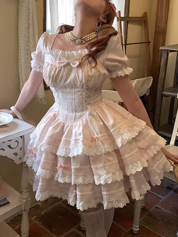 Pink and White Floral Print Sweet Lolita Dress with Layered Skirt and Lace