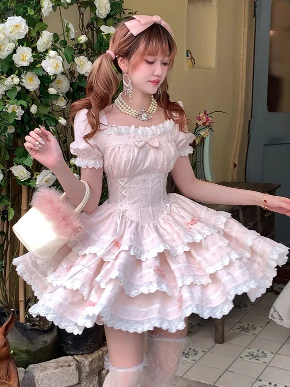Pink and White Floral Print Sweet Lolita Dress with Layered Skirt and Lace