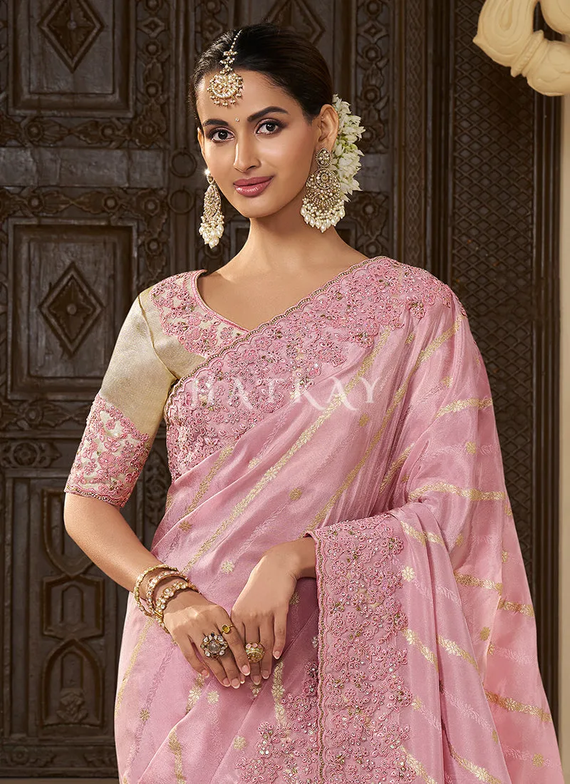 Pink Multi Embroidery Tissue Silk Saree