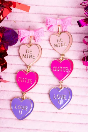 Pink Ribbon Linked Conversation Hearts Goldtone Earrings