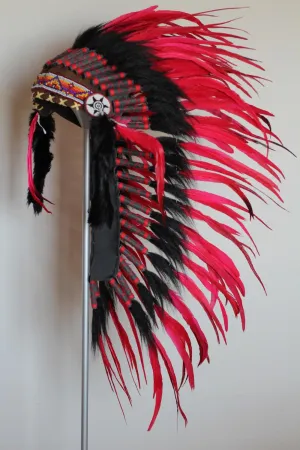 PRICE REDUCED - Y01 - Medium Red Feather Headdress / Native American Style Warbonnet (36 inch long )