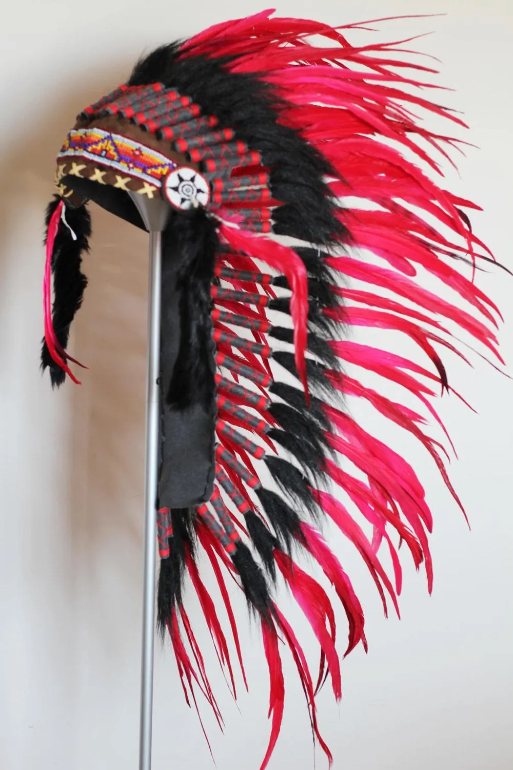 PRICE REDUCED - Y01 - Medium Red Feather Headdress / Native American Style Warbonnet (36 inch long )