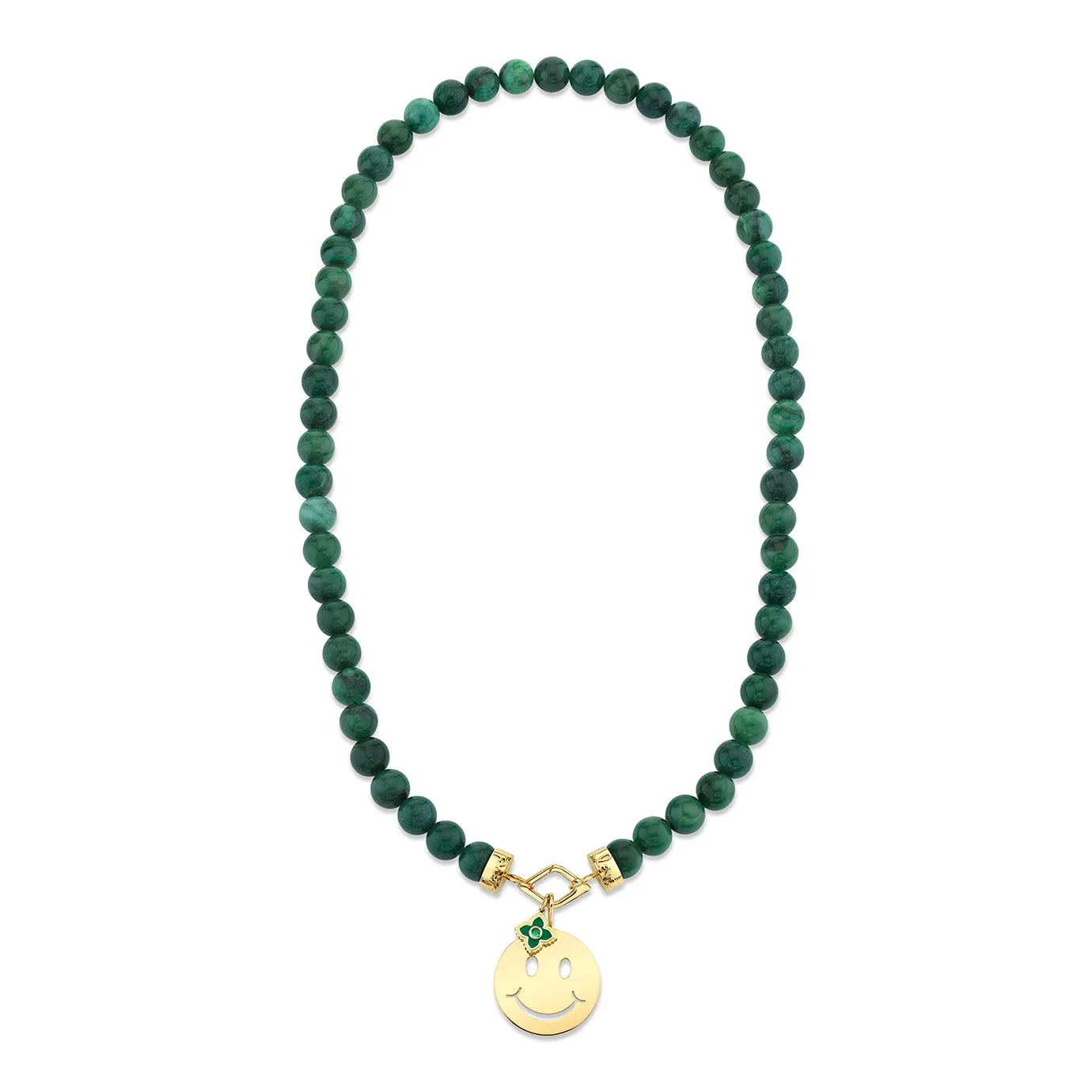 Pure Gold Happy Face Emerald Moroccan Flower Verdite Necklace