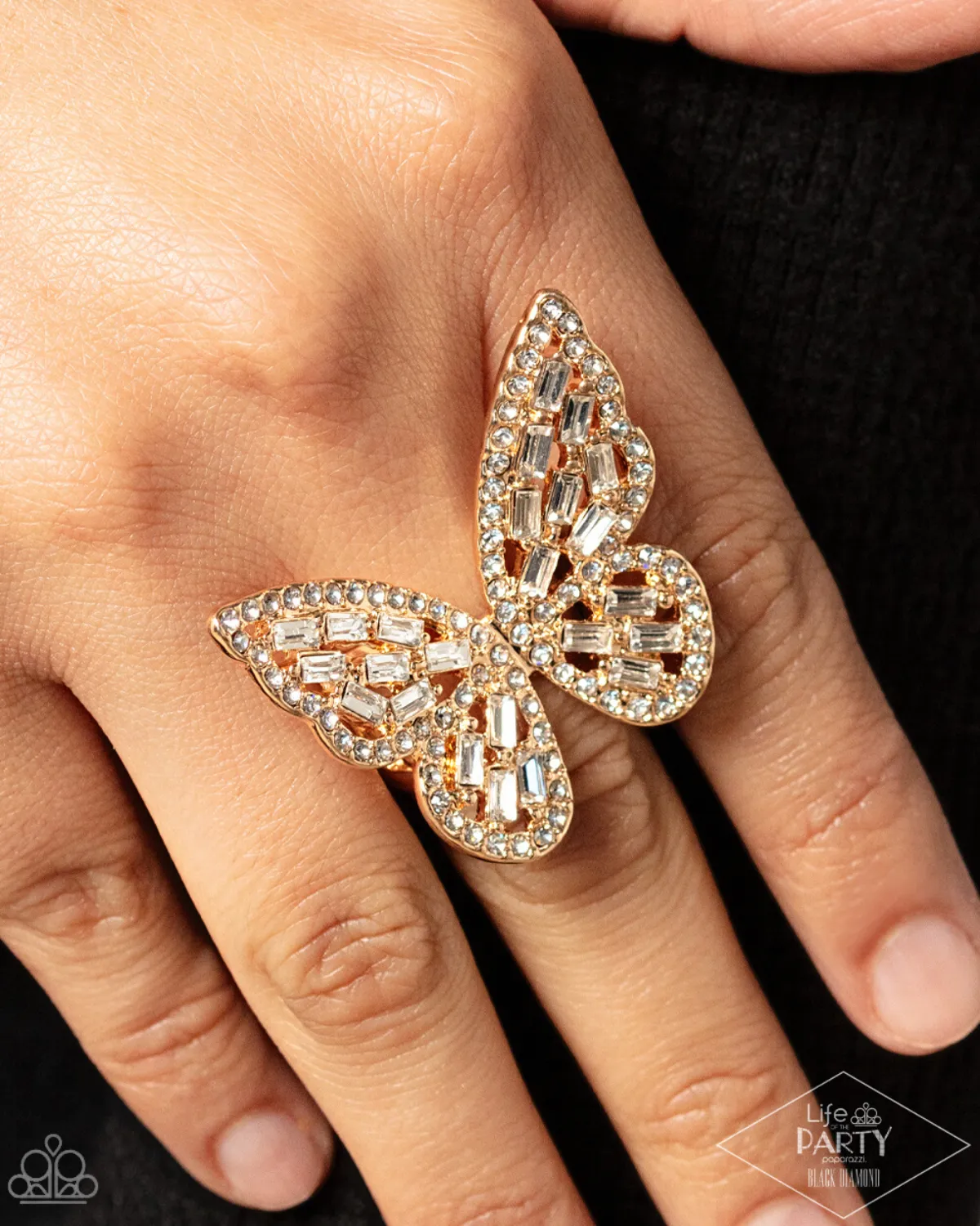 "Flauntable Flutter" Gold Metal & Clear/White Rhinestones Butterfly Elastic Ring