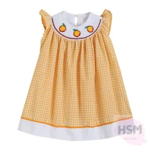"Georgia Peach" Smocked Plaid Peach Bishop Embroidery Orange Dress