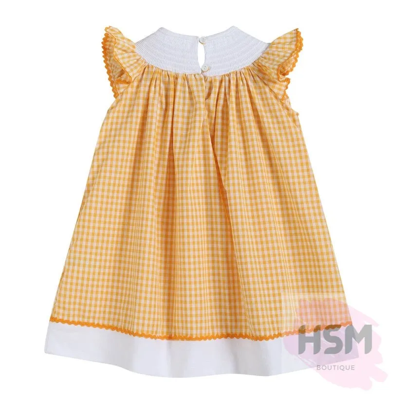 "Georgia Peach" Smocked Plaid Peach Bishop Embroidery Orange Dress