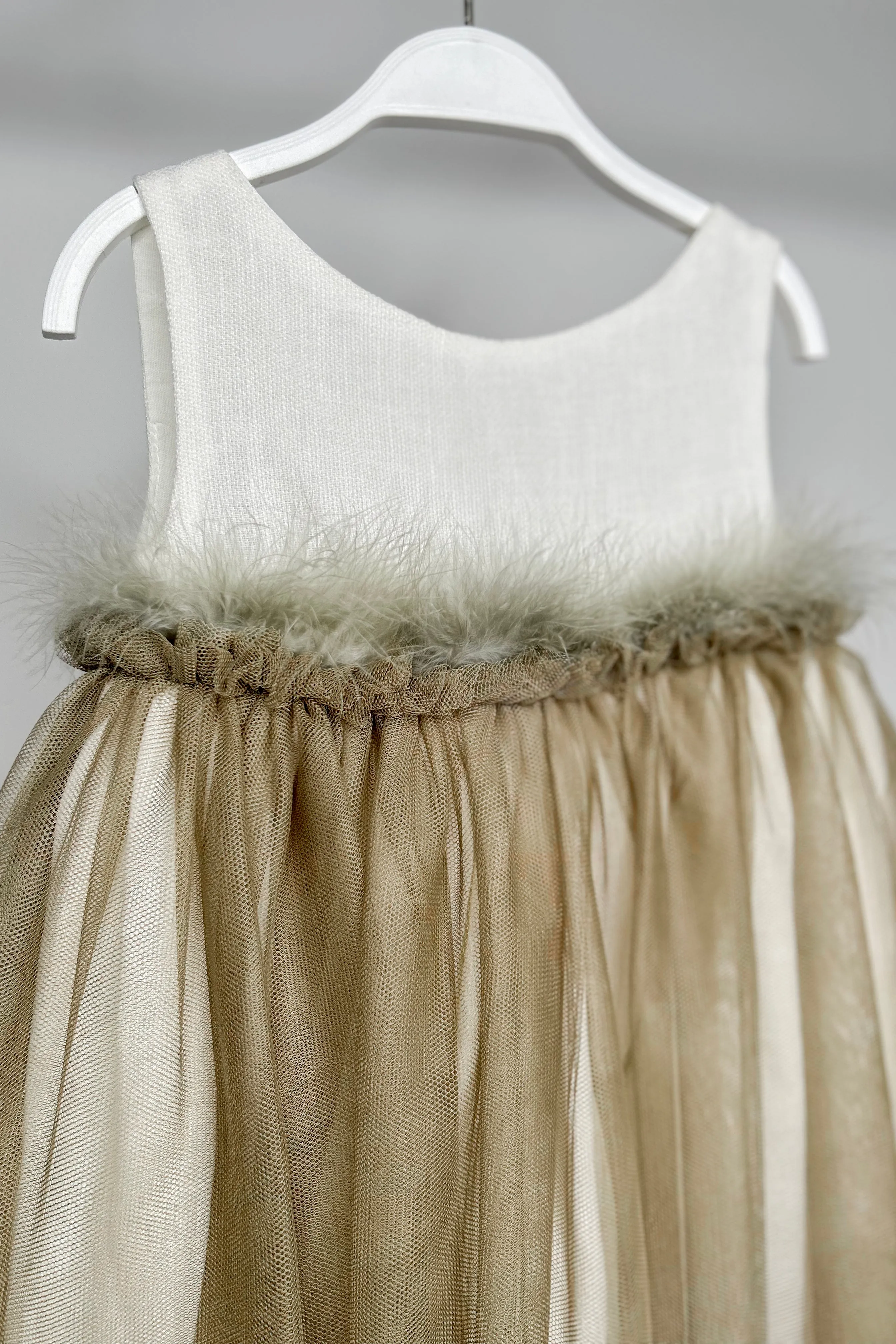 "Louella" Khaki Feather Tulle Dress
