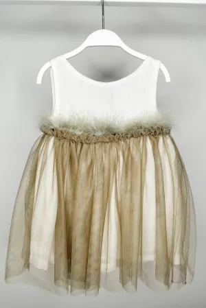 "Louella" Khaki Feather Tulle Dress
